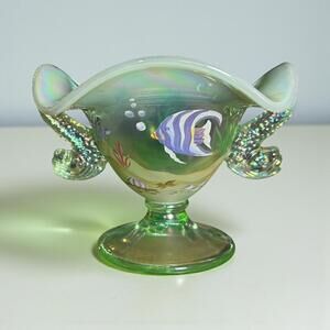 Fenton Sea Life Iridescent Green Dolphin-Handled Compote Signed Art Glass 6.5"